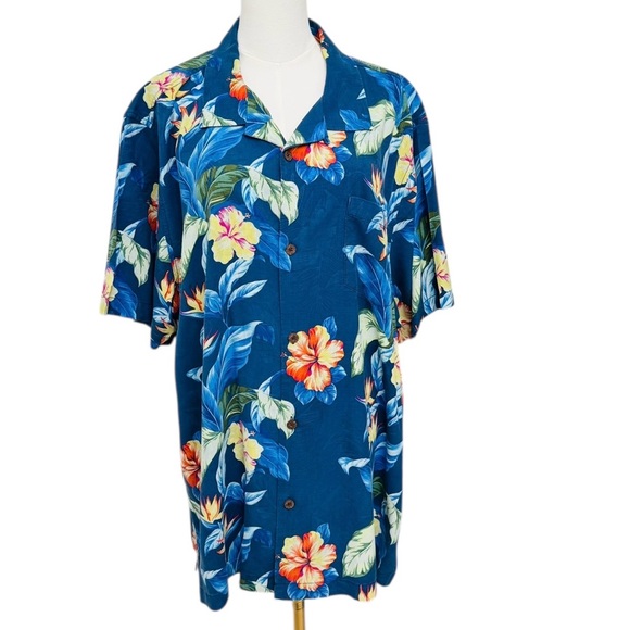 Tommy Bahama 100% Silk Men XXL Hawaiian Shirt Blue Floral Camp Button Front - Picture 4 of 12